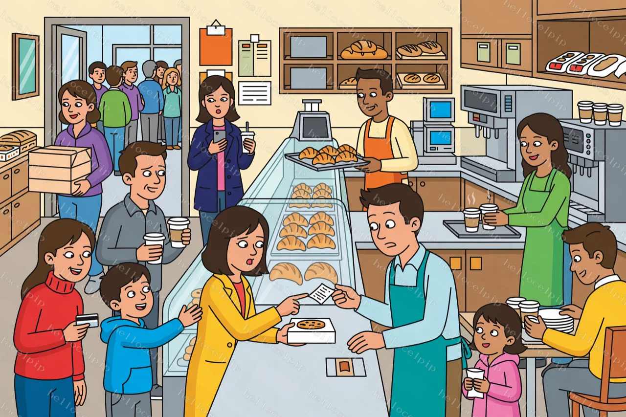 A busy bakery café: a full glass pastry case of croissants and bread, a server in a teal apron handing a woman in a yellow coat a pastry box, baristas making coffee on the right, bread shelves at the back, and a queue of people at the door on the left.