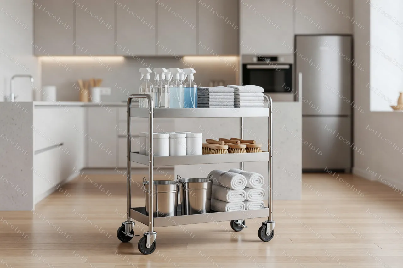 A large stainless-steel three-tier cleaning cart loaded with spray bottles, folded cloths, brushes, buckets, and rolled towels in a modern kitchen.