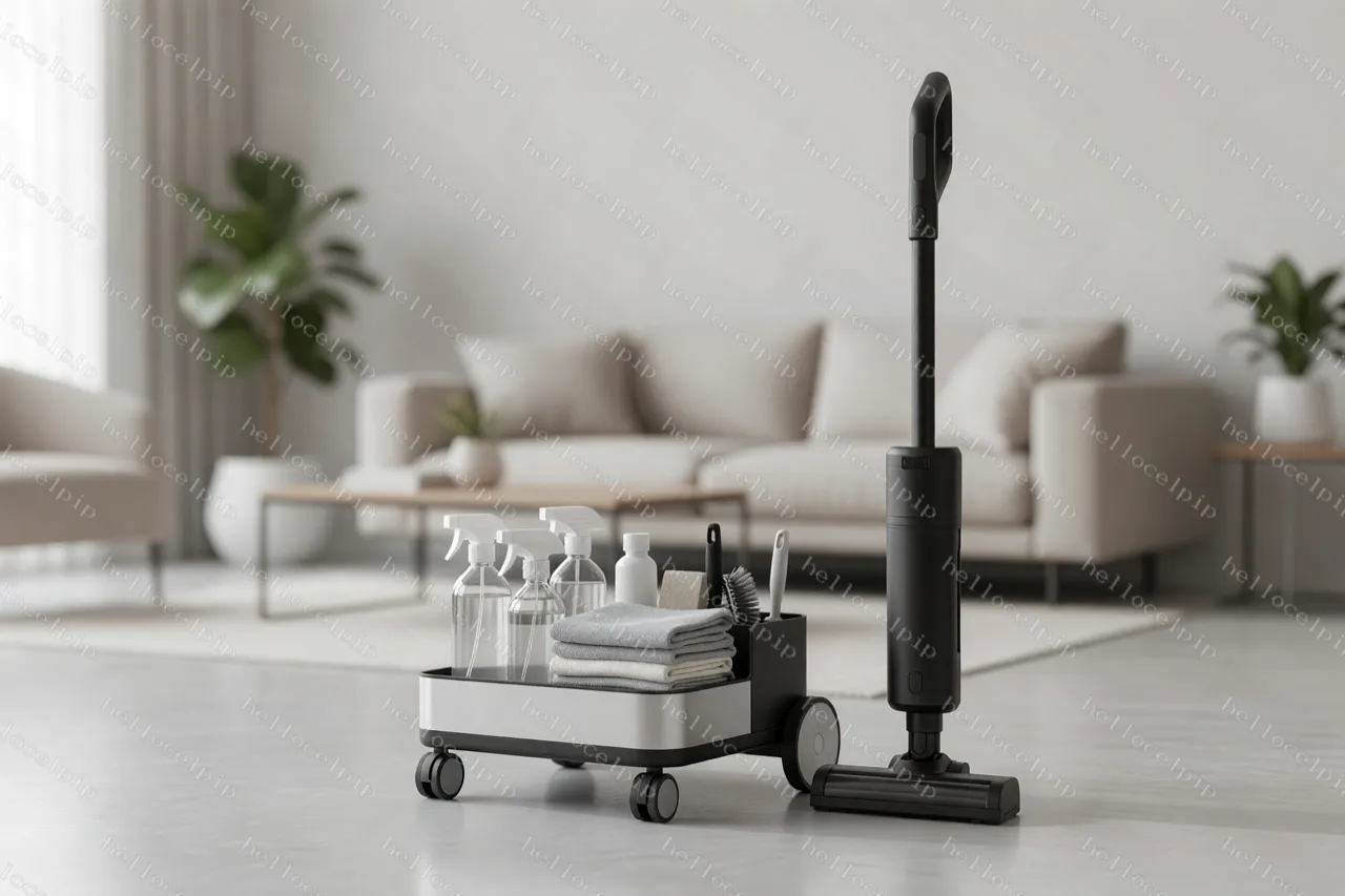 A compact cleaning caddy with spray bottles, cloths and brushes beside a modern cordless stick vacuum in a bright living room.