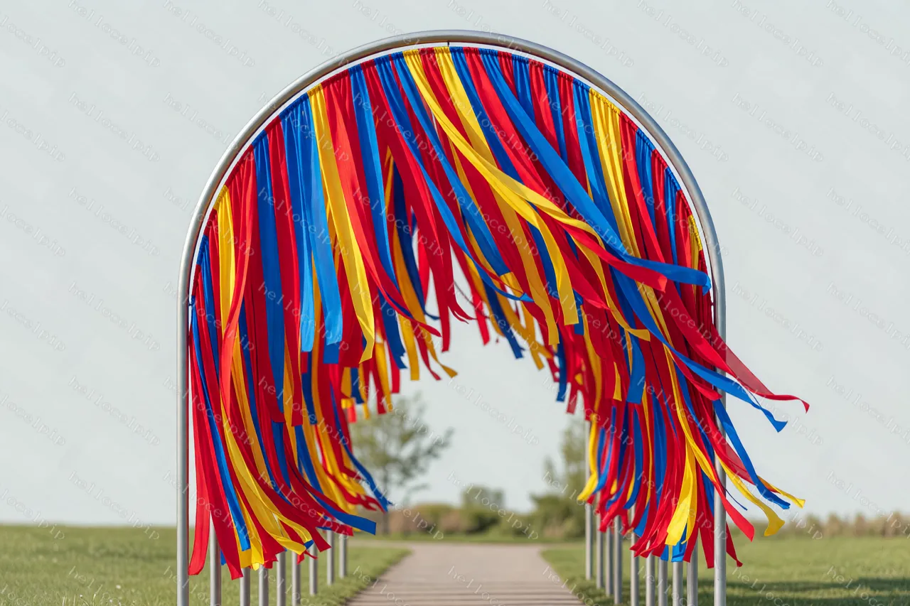 A temporary art installation in a park: a row of tall metal arches over a paved footpath, each draped with long red, blue, and yellow ribbons that hang down to head height and flutter in the breeze, forming a colourful tunnel over the path with grass on either side.